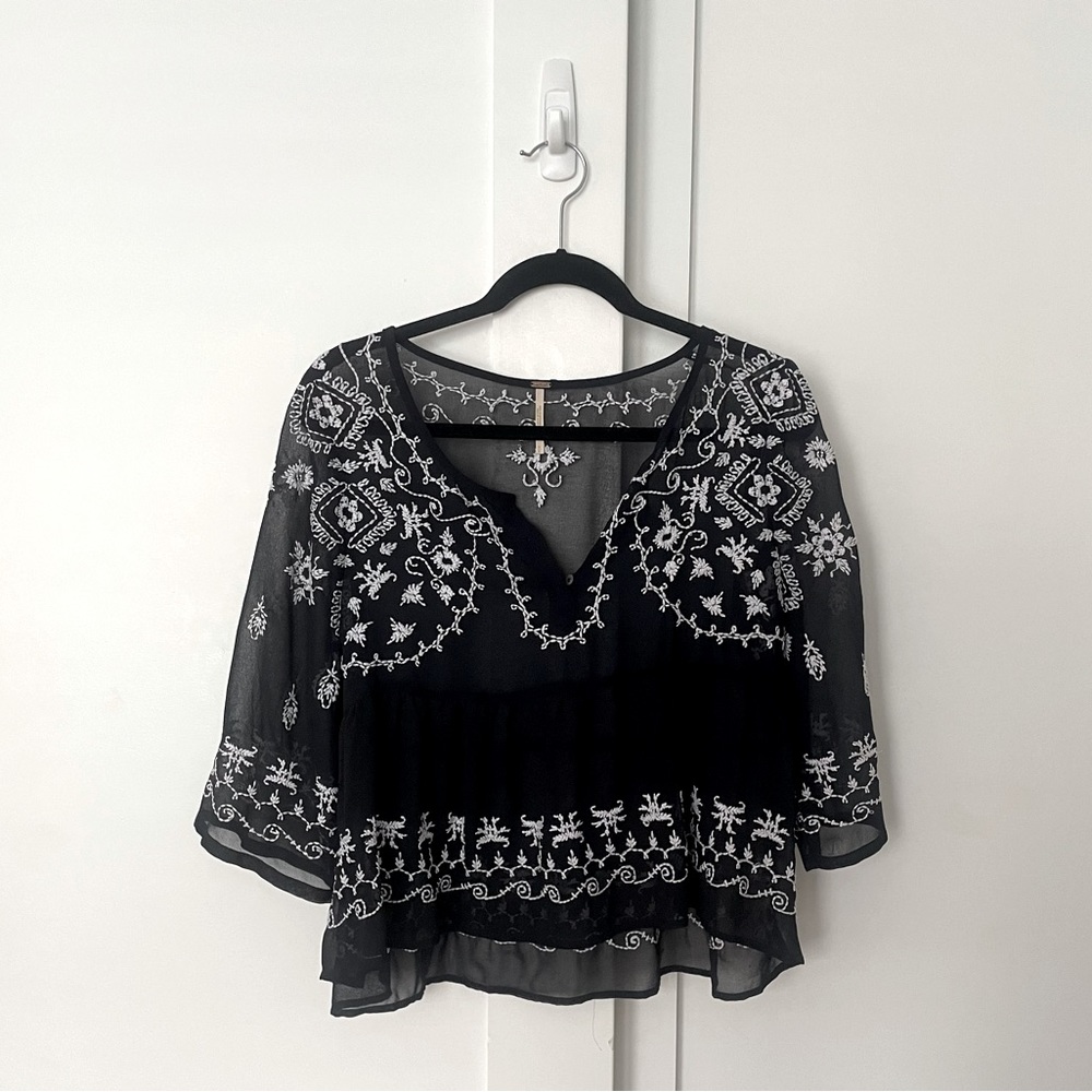 Free People Embroidered Cropped Sheer Boho Top